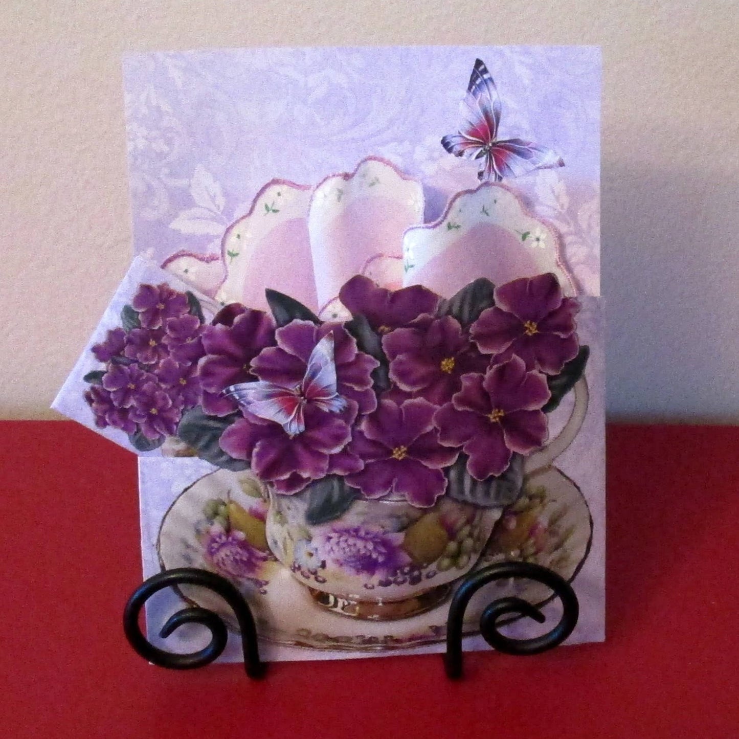 African Violets Keepsake Teacup Handkerchief Card