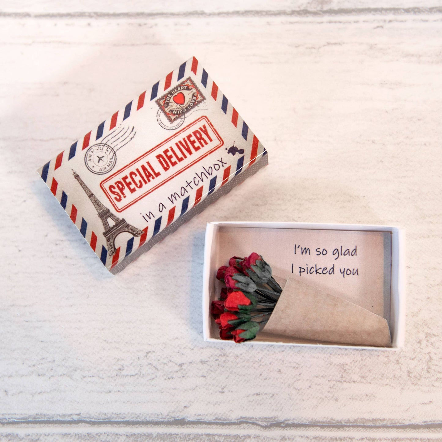 Special Delivery Dozen Roses In A Matchbox - "I'm Glad I Picked You"