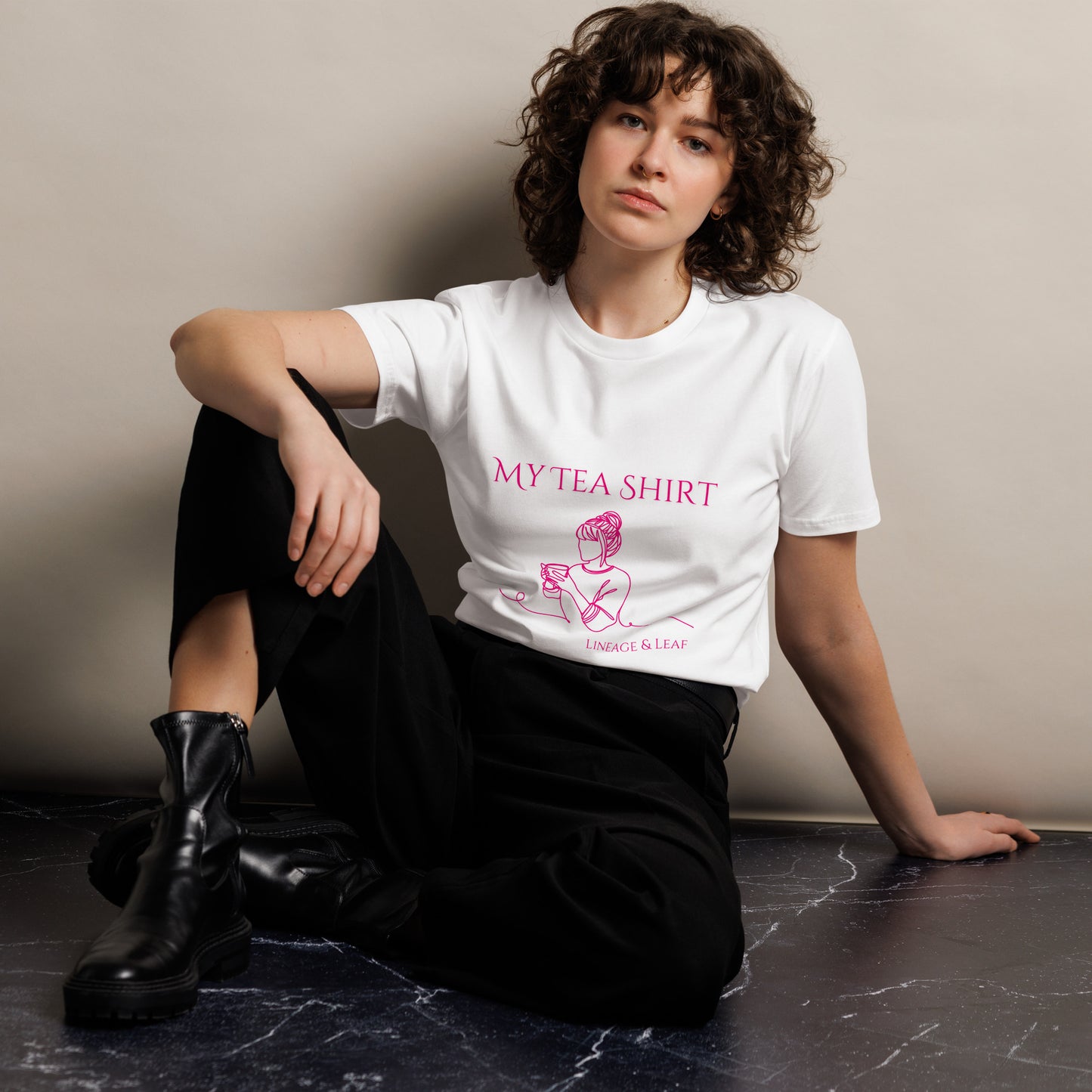 Tea Shirt: "My Tea Shirt" Lounging Lady Pink Font (Unisex)