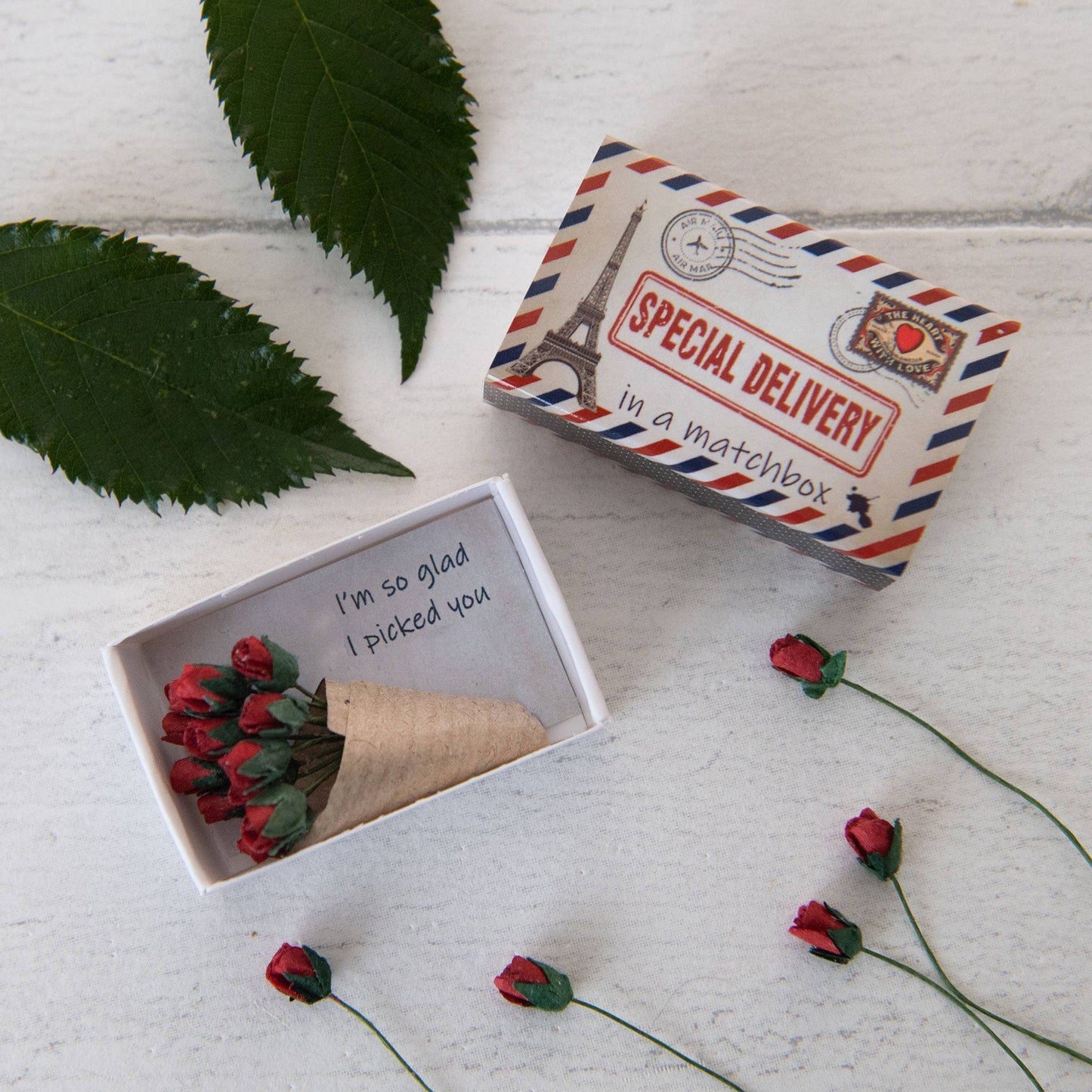 Special Delivery Dozen Roses In A Matchbox - "I'm Glad I Picked You"